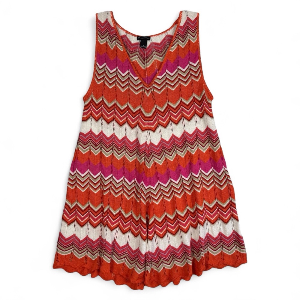 New Directions Orange Pink Chevron Print V Neck Tunic Top Size Large Open Knit